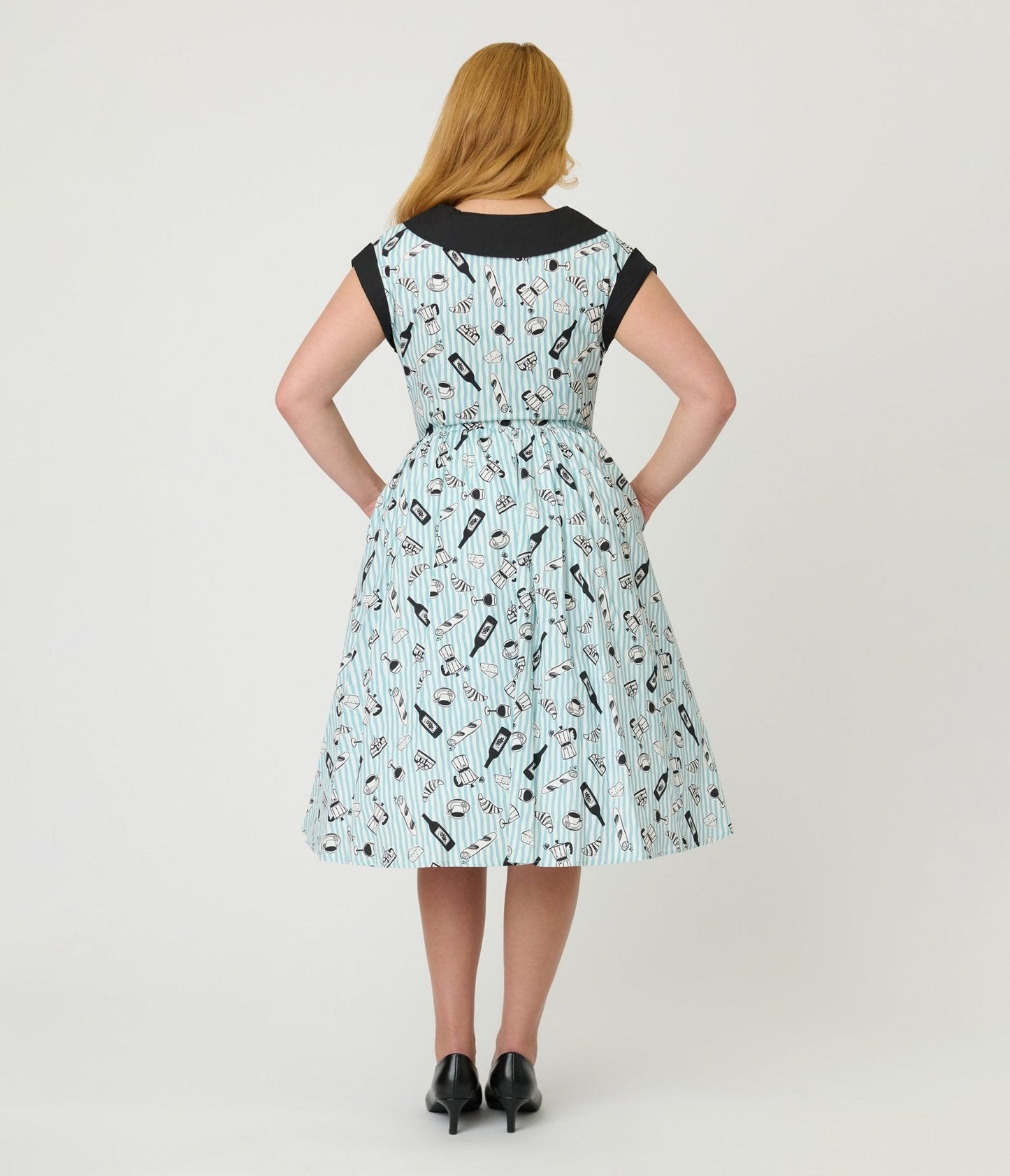 Unique Vintage Blue Stripe & Paris Cafe Print Swing Dress