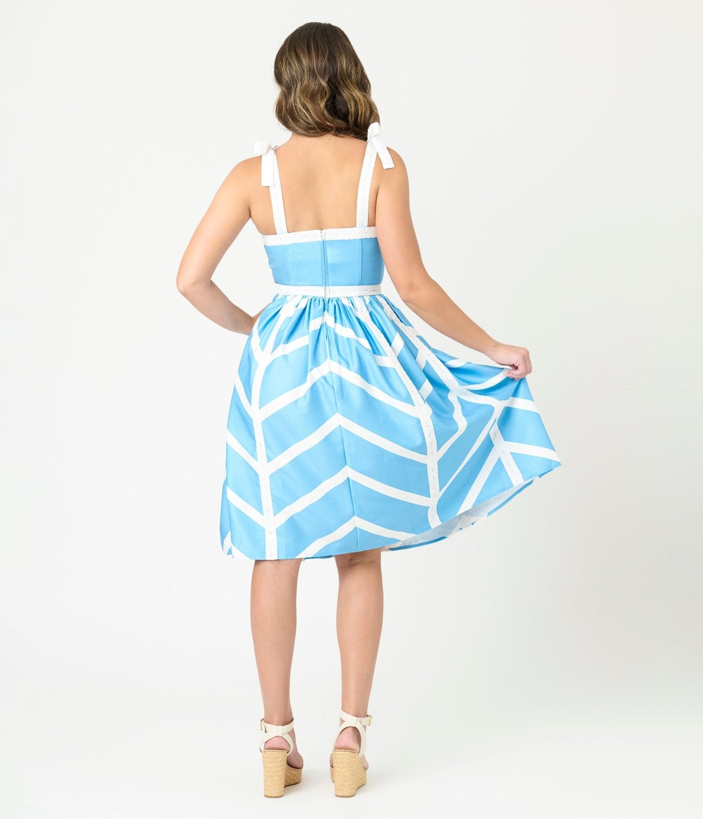 Unique Vintage Blue & White Chevron Eyelet Swing Dress