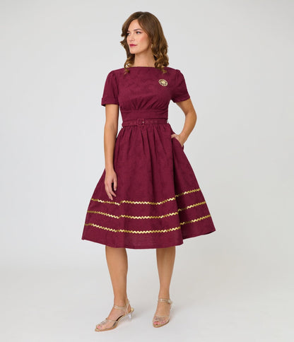 Unique Vintage Burgundy Celestial Pin Swing Dress
