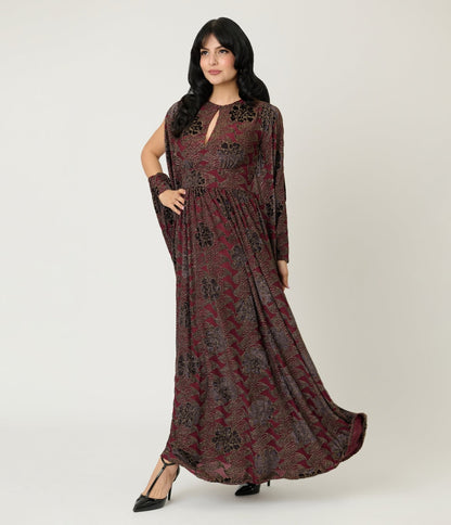 Unique Vintage Burgundy Floral Velvet Flutter Sleeve Caftan