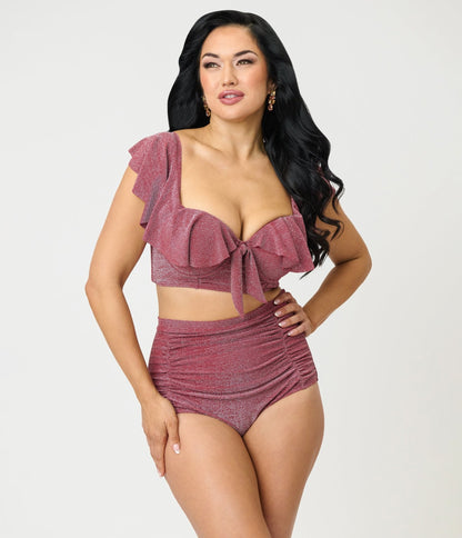 Unique Vintage Burgundy Lurex Monroe High Waist Bikini Bottom