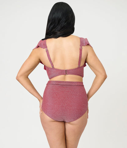 Unique Vintage Burgundy Lurex Monroe High Waist Bikini Bottom
