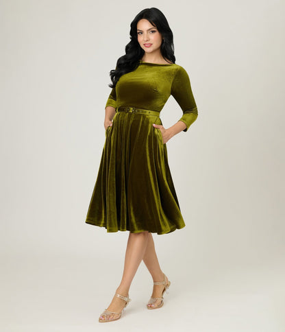 Unique Vintage Chartreuse Velvet Devon Swing Dress
