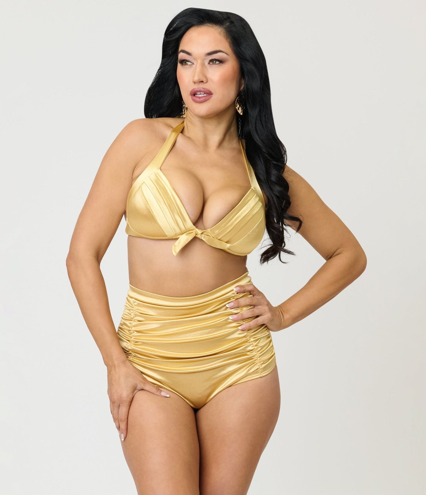Unique Vintage Gold Shimmer Monroe Halter Swim Top