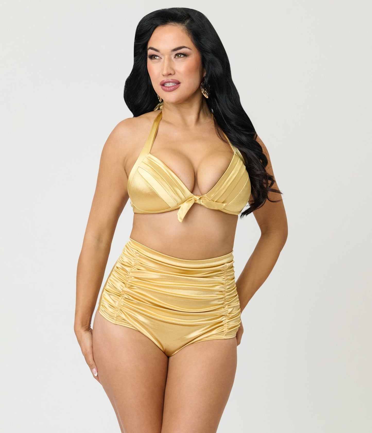 Unique Vintage Gold Shimmer Monroe Halter Swim Top