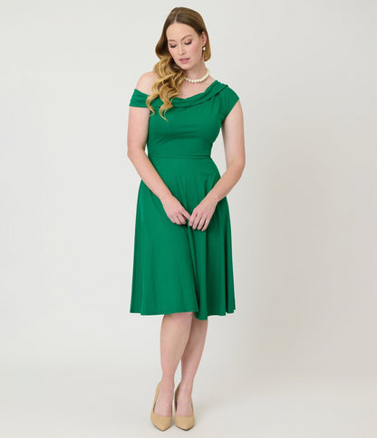Unique Vintage Green Asymmetrical Neck Swing Dress