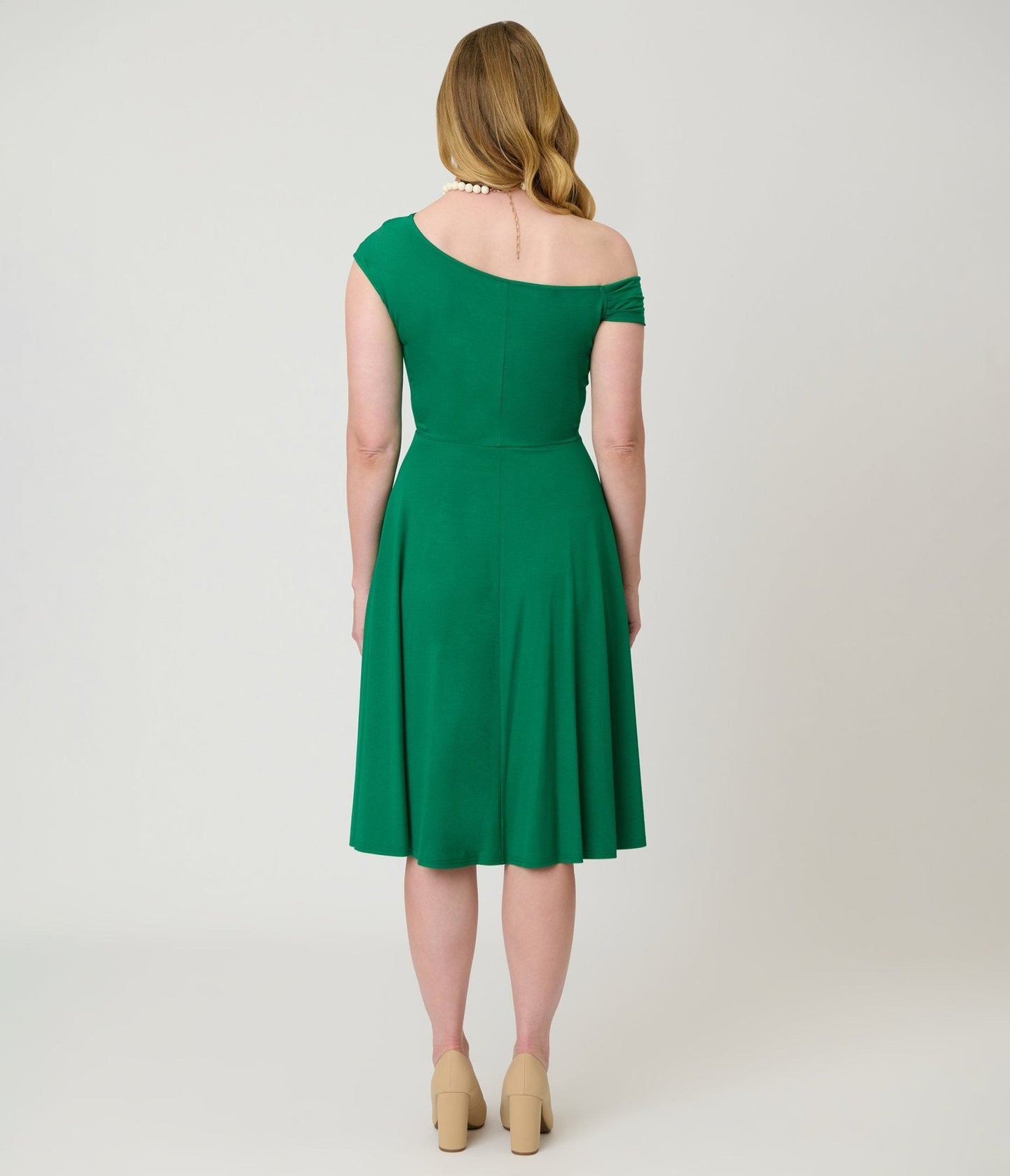 Unique Vintage Green Asymmetrical Neck Swing Dress