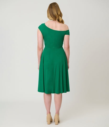 Unique Vintage Green Asymmetrical Neck Swing Dress