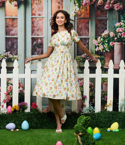 Unique Vintage Green Easter Bunny Print Swing Dress