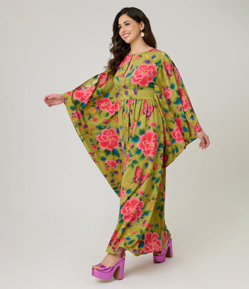 Unique Vintage Green & Pink Butterfly Floral Flutter Sleeve Caftan