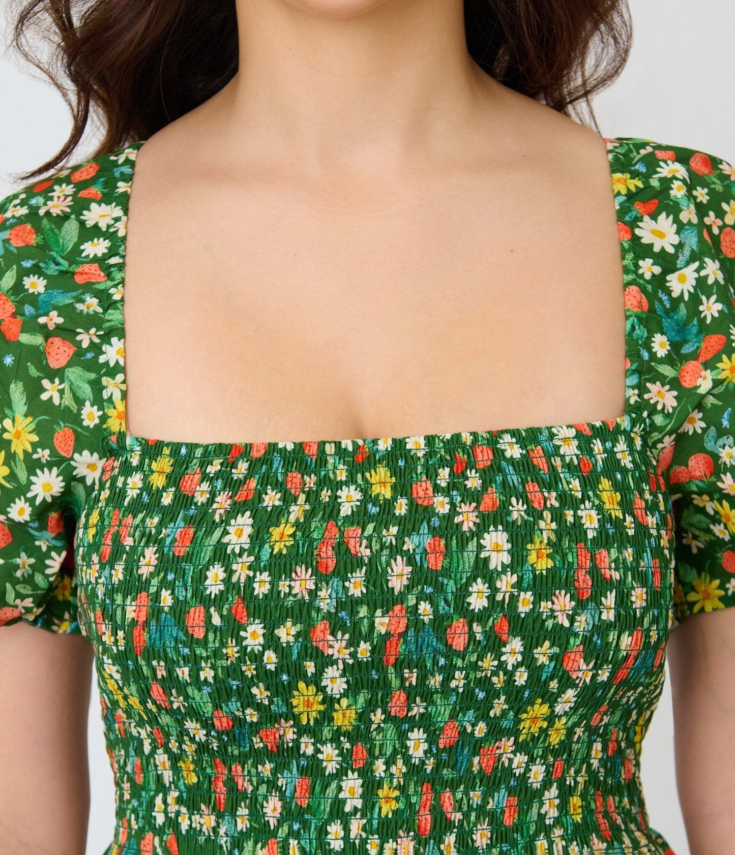 Unique Vintage Green & Strawberry Print Smocked Bodice Midi Dress
