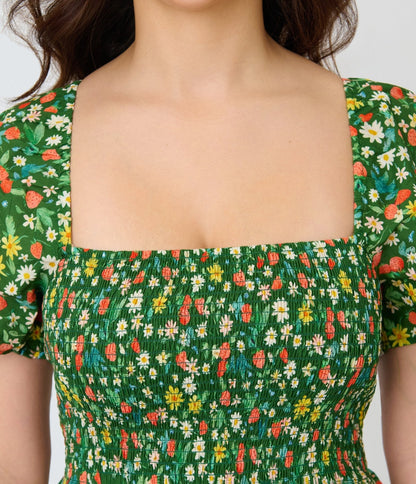 Unique Vintage Green & Strawberry Print Smocked Bodice Midi Dress