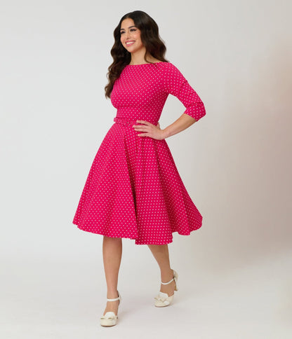 Unique Vintage Hot Pink Pin Dot Devon Swing Dress