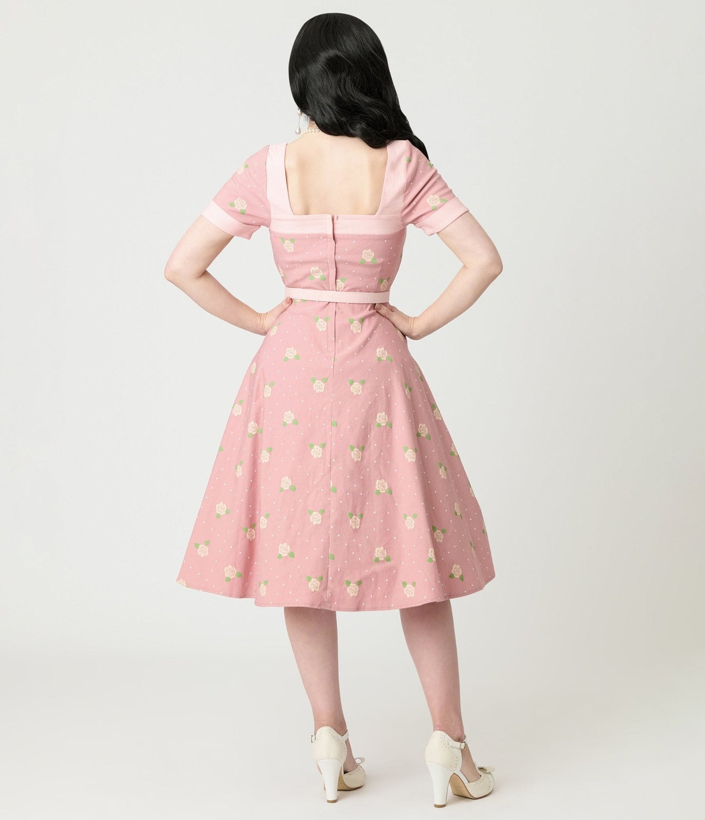 Unique Vintage Light Pink & Roses Swing Dress