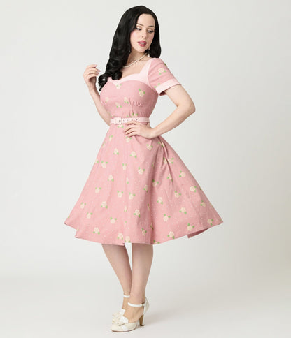 Unique Vintage Light Pink & Roses Swing Dress