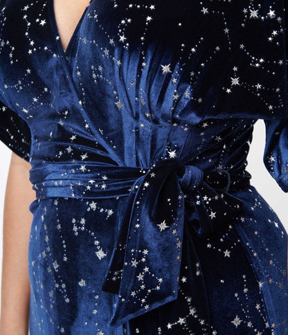 Unique Vintage 1970s Navy & Silver Stars Velvet Wrap Midi Dress