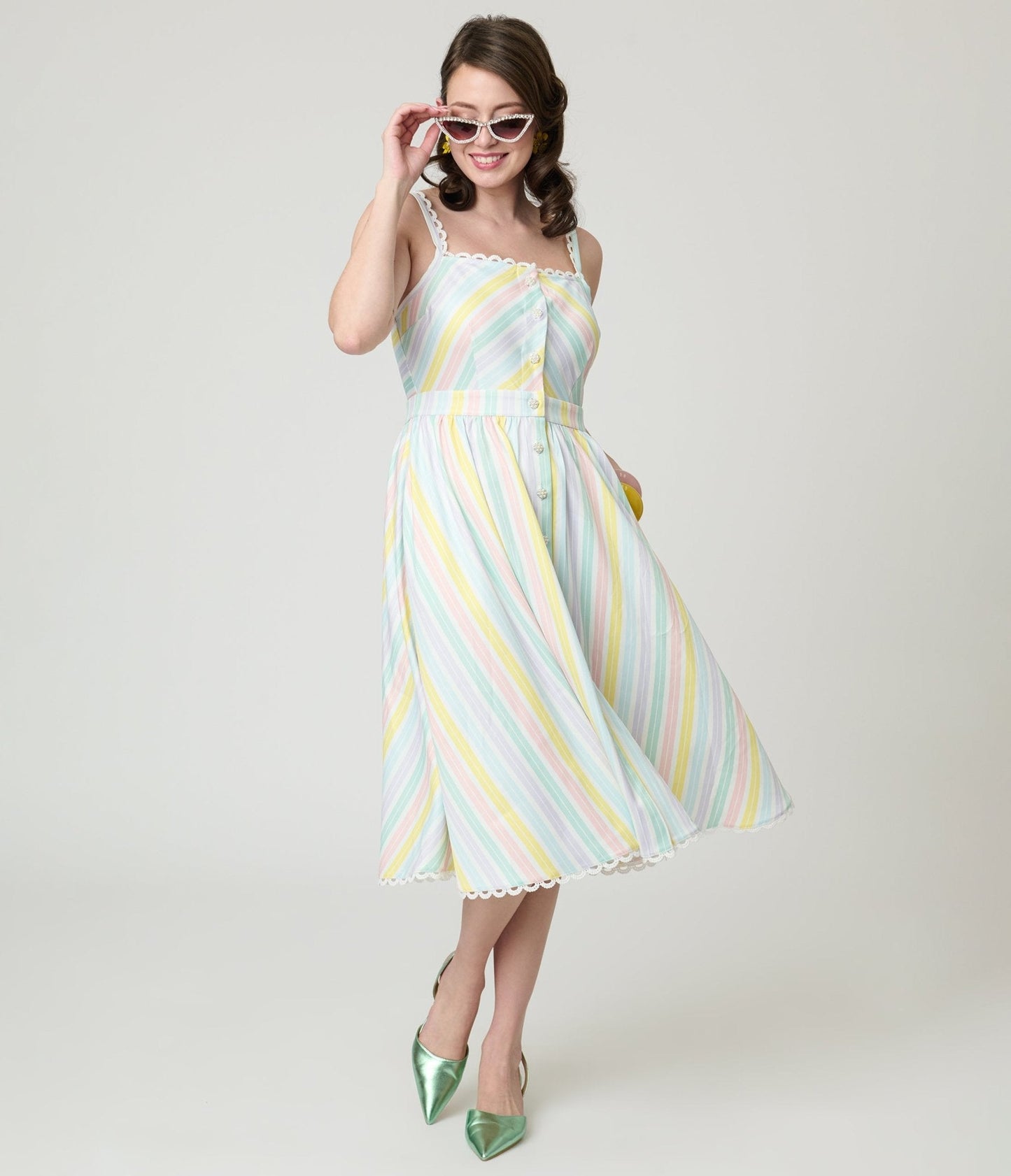 Unique Vintage Pastel Stripe Piper Swing Dress