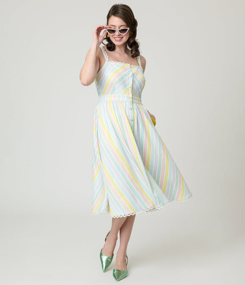 Unique Vintage Pastel Stripe Piper Swing Dress