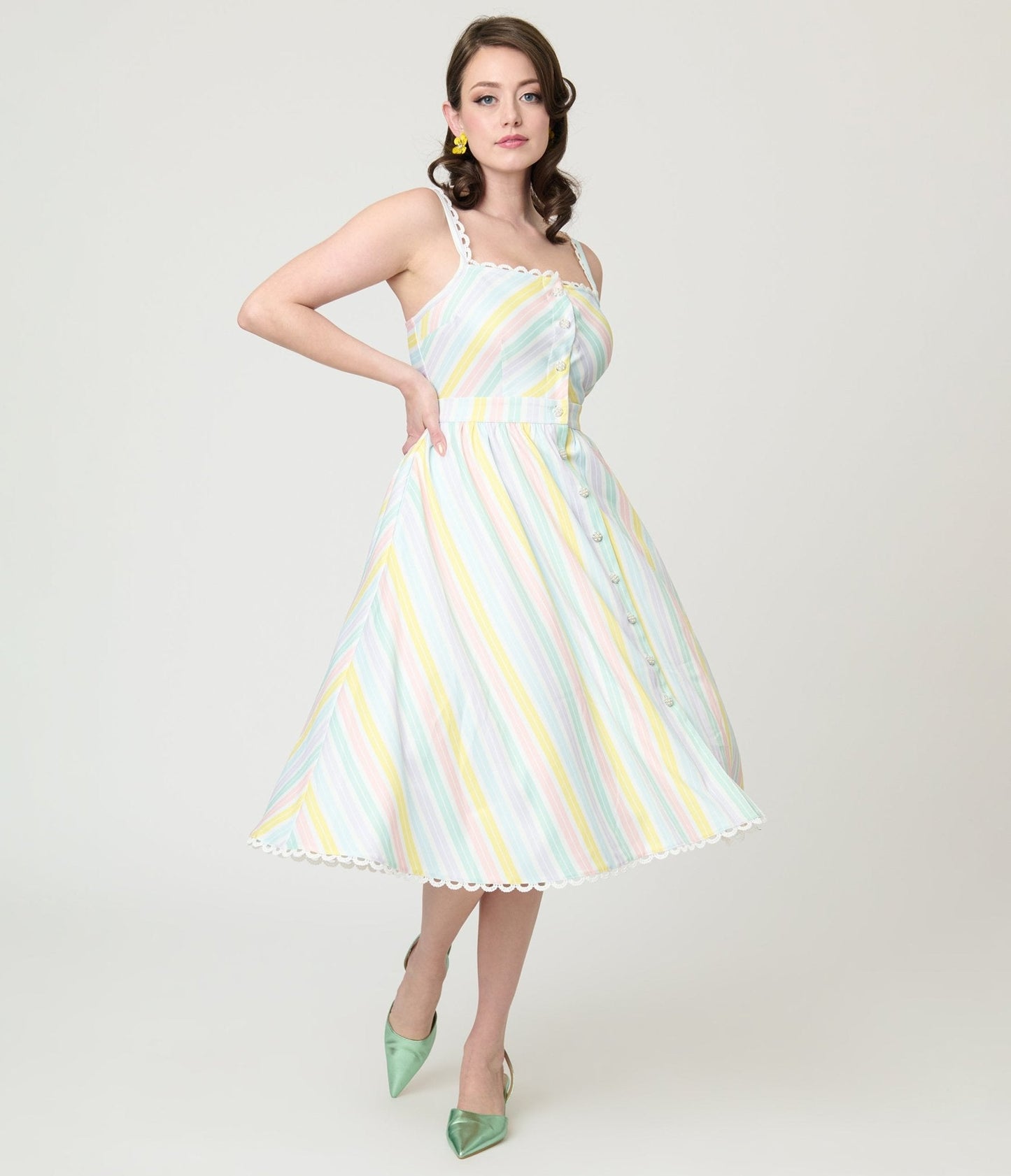 Unique Vintage Pastel Stripe Piper Swing Dress