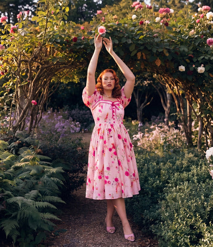 Unique Vintage Pink Floral Button Front Swing Dress