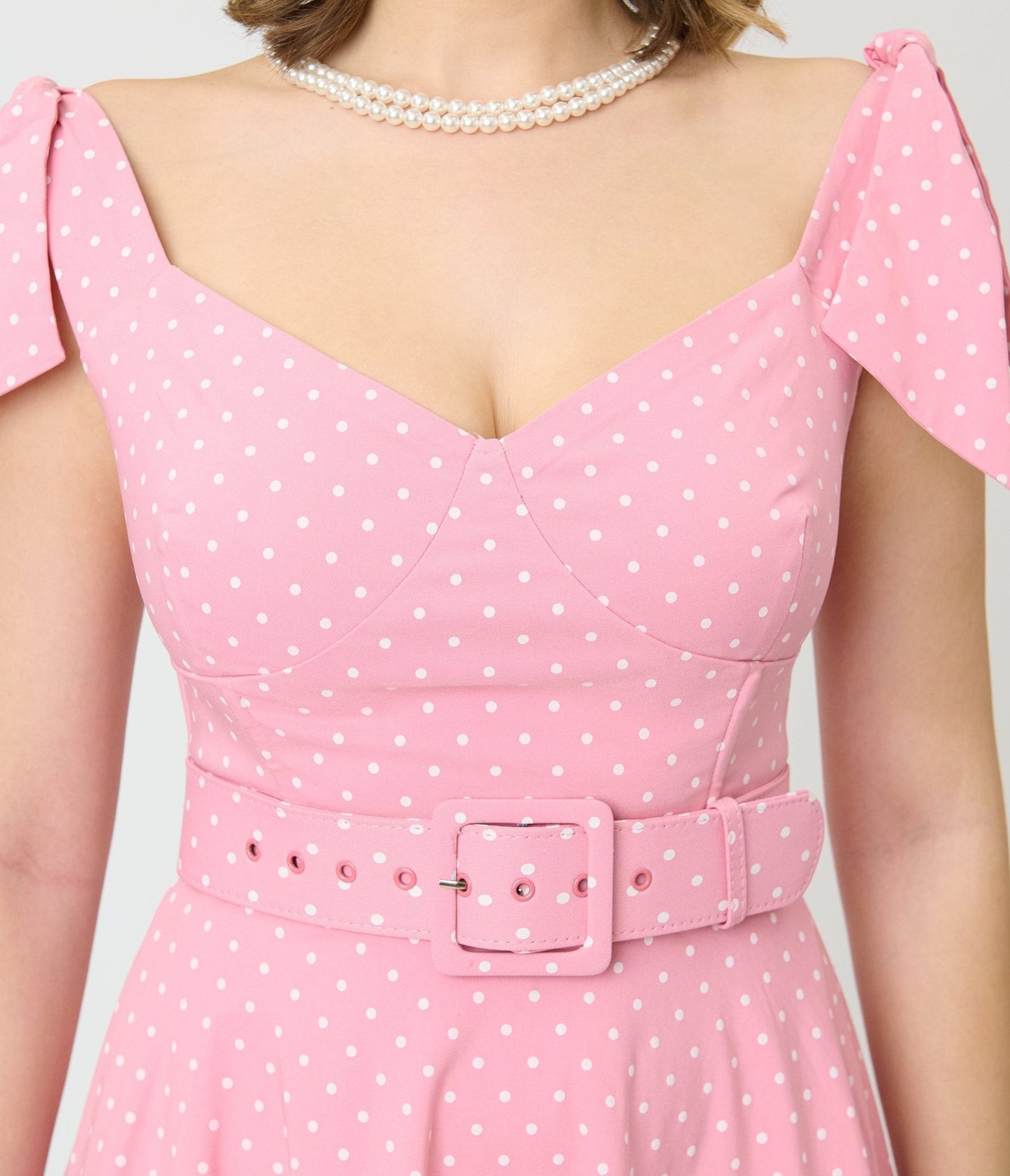 Unique Vintage Pink Pin Dot Off The Shoulder Prairie Swing Dress