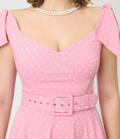 Unique Vintage Pink Pin Dot Off The Shoulder Prairie Swing Dress