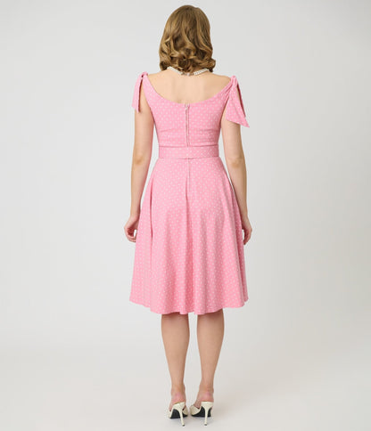 Unique Vintage Pink Pin Dot Off The Shoulder Prairie Swing Dress