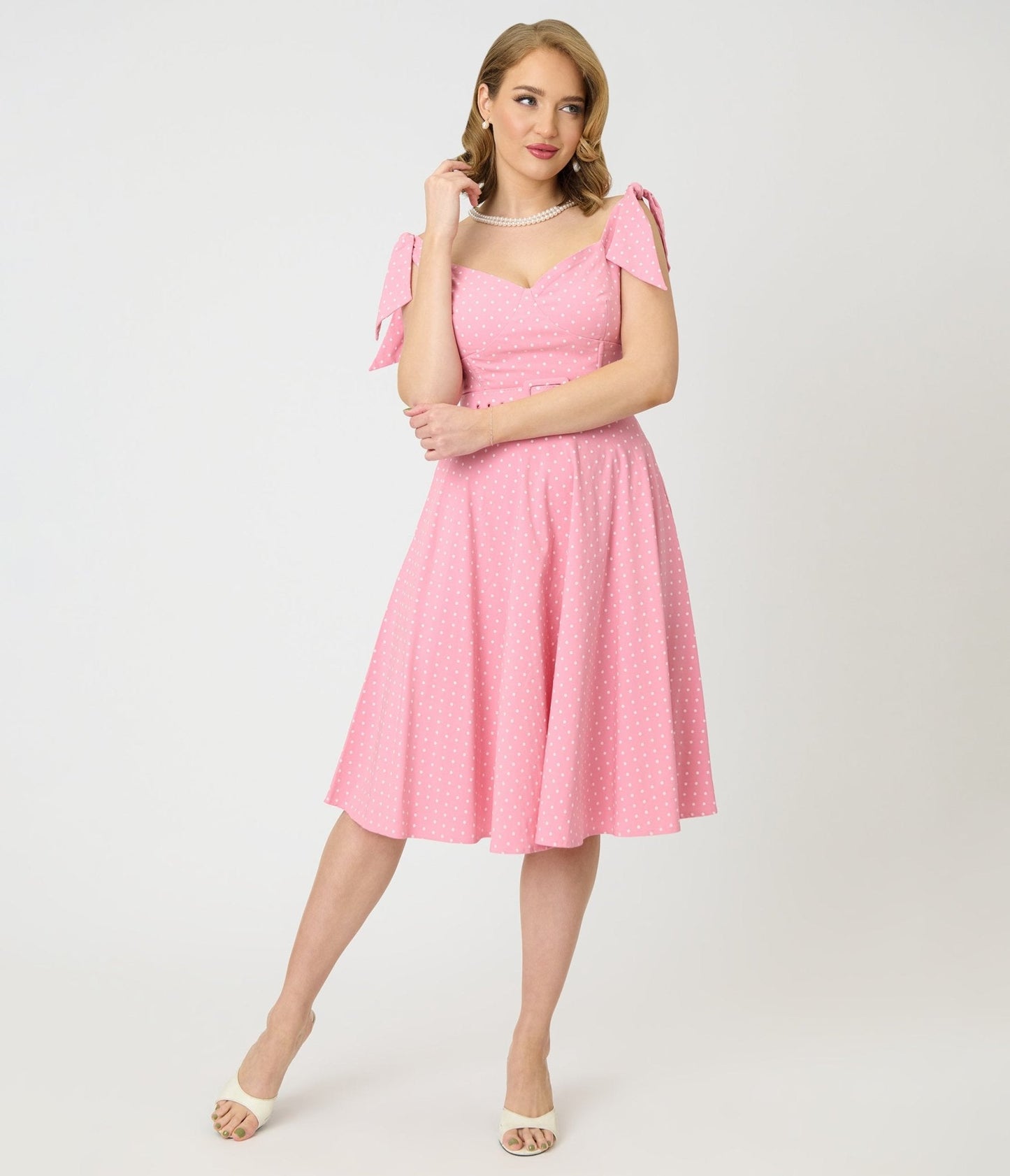 Unique Vintage Pink Pin Dot Off The Shoulder Prairie Swing Dress