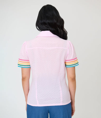 Unique Vintage Pink & Rainbow Trim Cotton Blouse