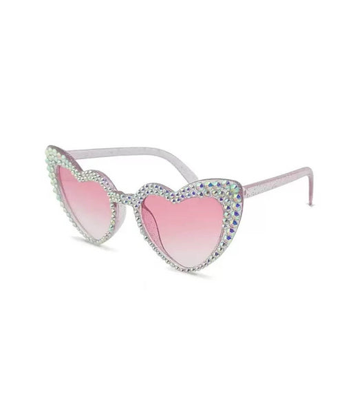Unique Vintage Pink & Silver Rhinestone Heart Sunglasses