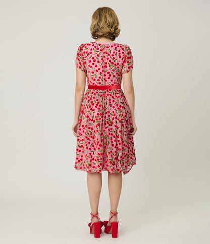 Unique Vintage Pink Velvet Cherries Dahlia Swing Dress