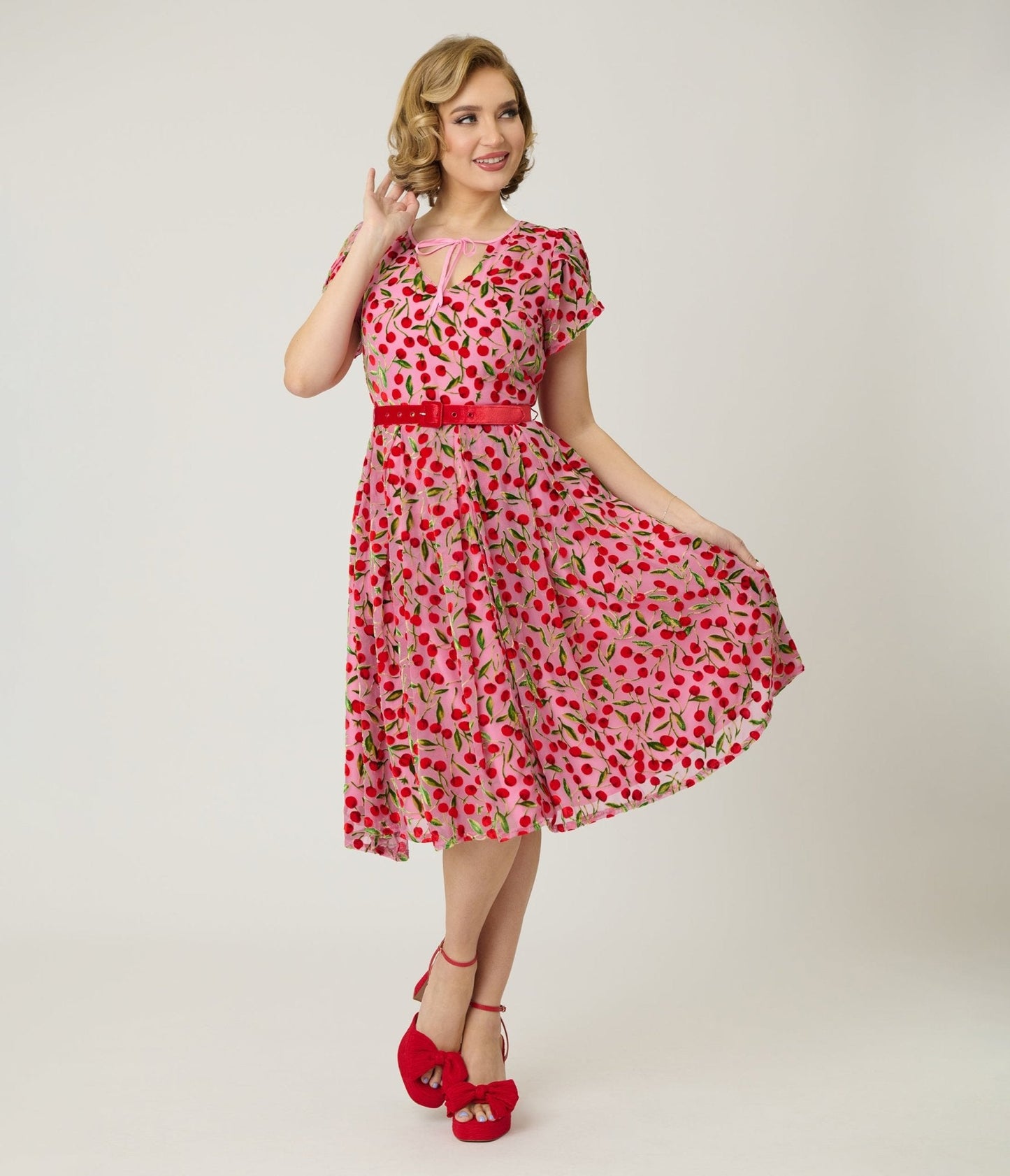 Unique Vintage Pink Velvet Cherries Dahlia Swing Dress