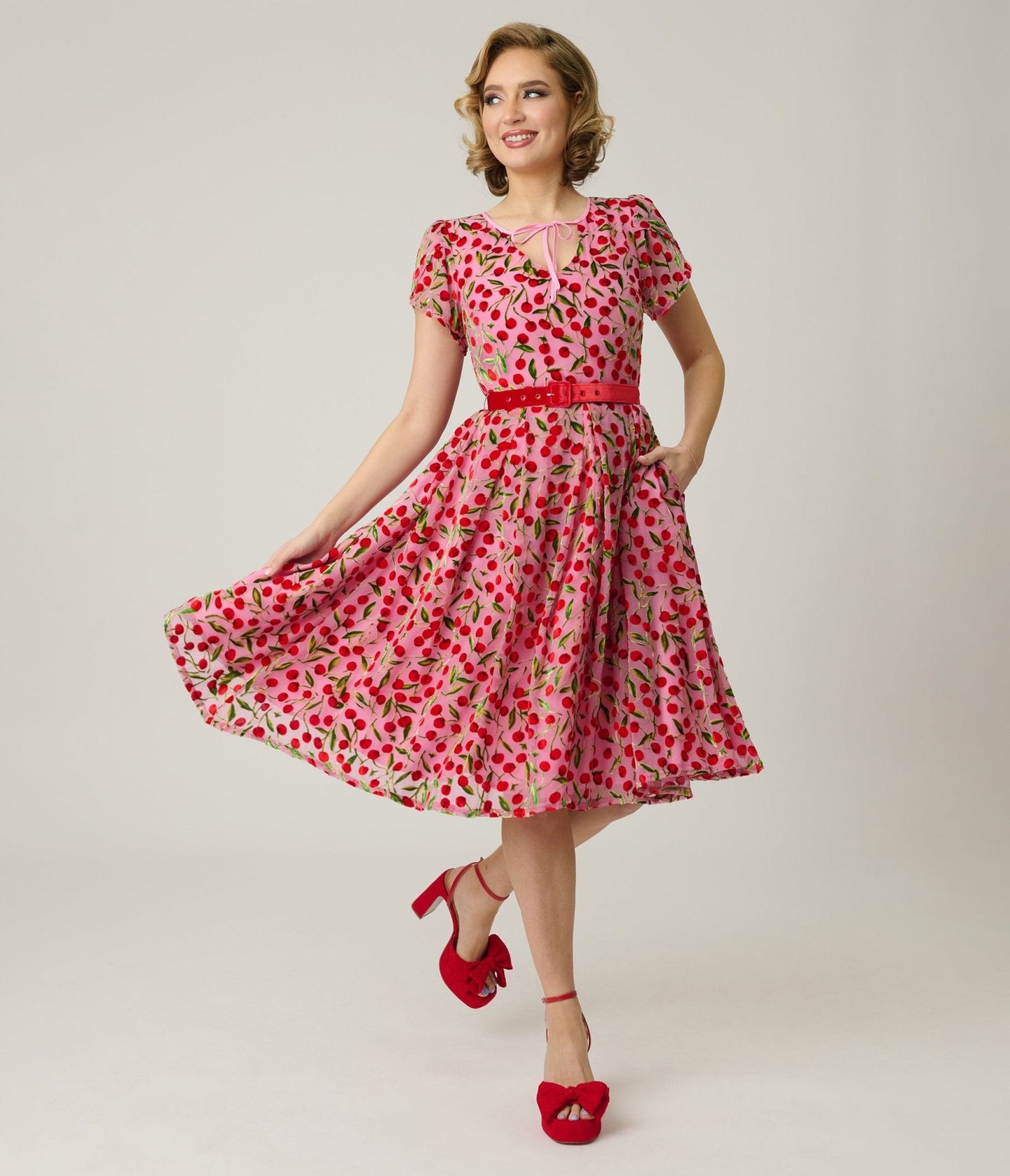 Unique Vintage Pink Velvet Cherries Dahlia Swing Dress
