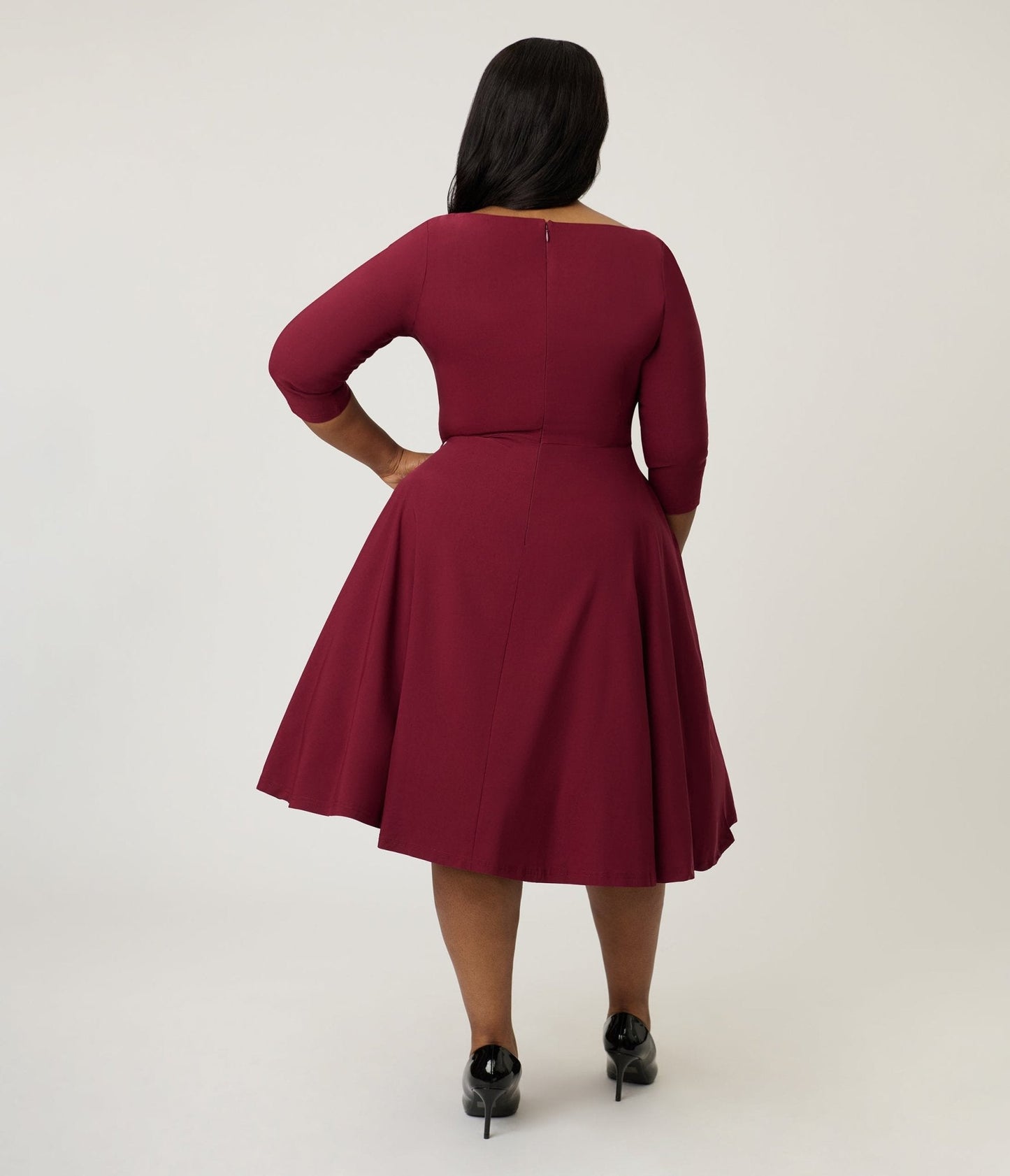 Unique Vintage Plus Size Burgundy Pleated Bust Swing Dress