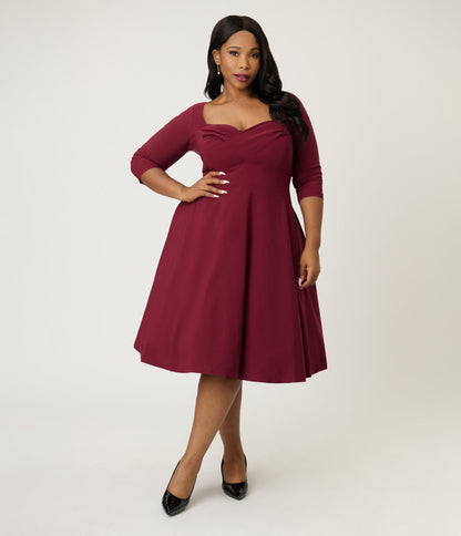 Unique Vintage Plus Size Burgundy Pleated Bust Swing Dress