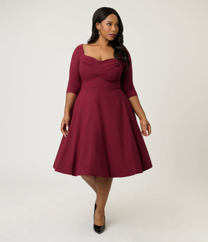 Unique Vintage Plus Size Burgundy Pleated Bust Swing Dress