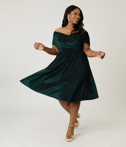 Unique Vintage Plus Size Emerald Velvet Shirred Swing Dress