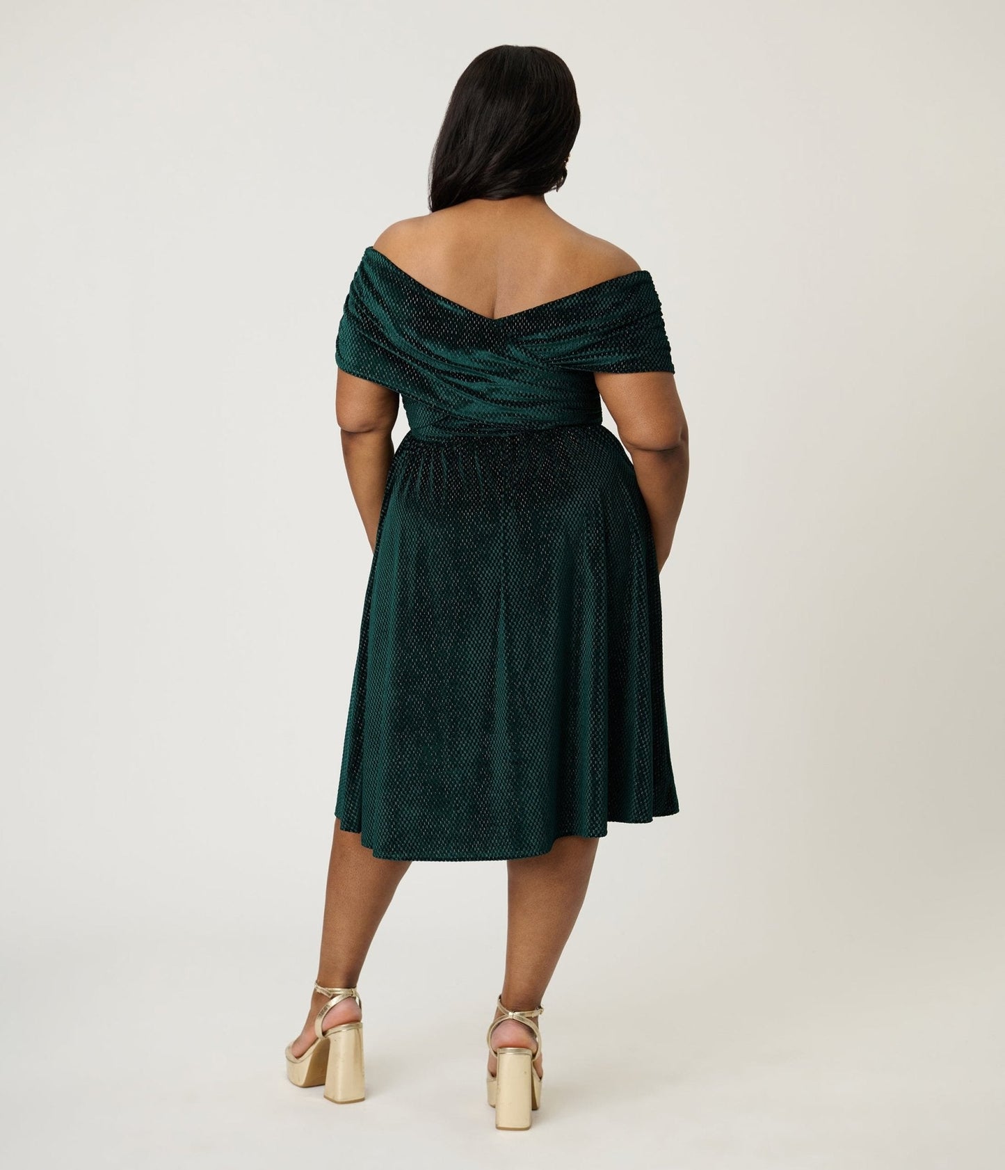Unique Vintage Plus Size Emerald Velvet Shirred Swing Dress