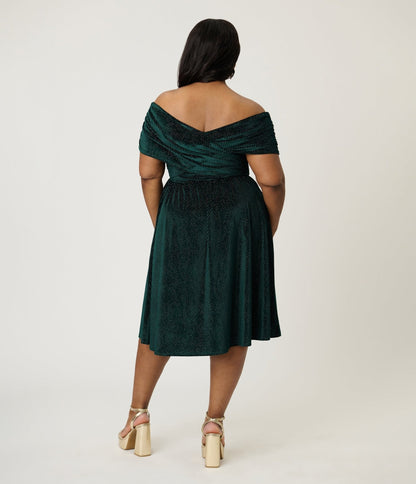 Unique Vintage Plus Size Emerald Velvet Shirred Swing Dress