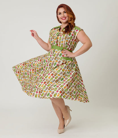 Unique Vintage Plus Size Green Mason Jar Print Cotton Hedda Swing Dress