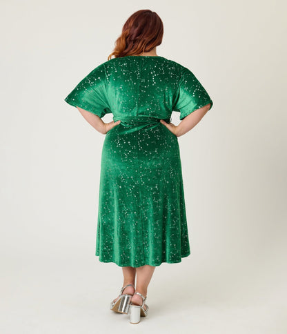 Unique Vintage Plus Size Green & Silver Stars Velvet Wrap Midi Dress