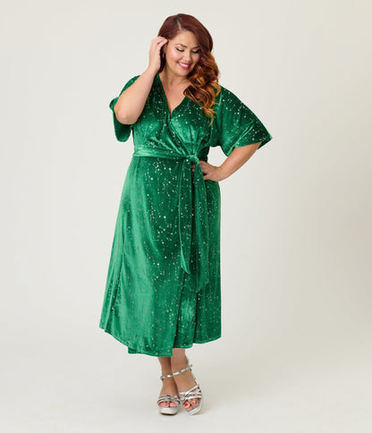 Unique Vintage Plus Size Green & Silver Stars Velvet Wrap Midi Dress
