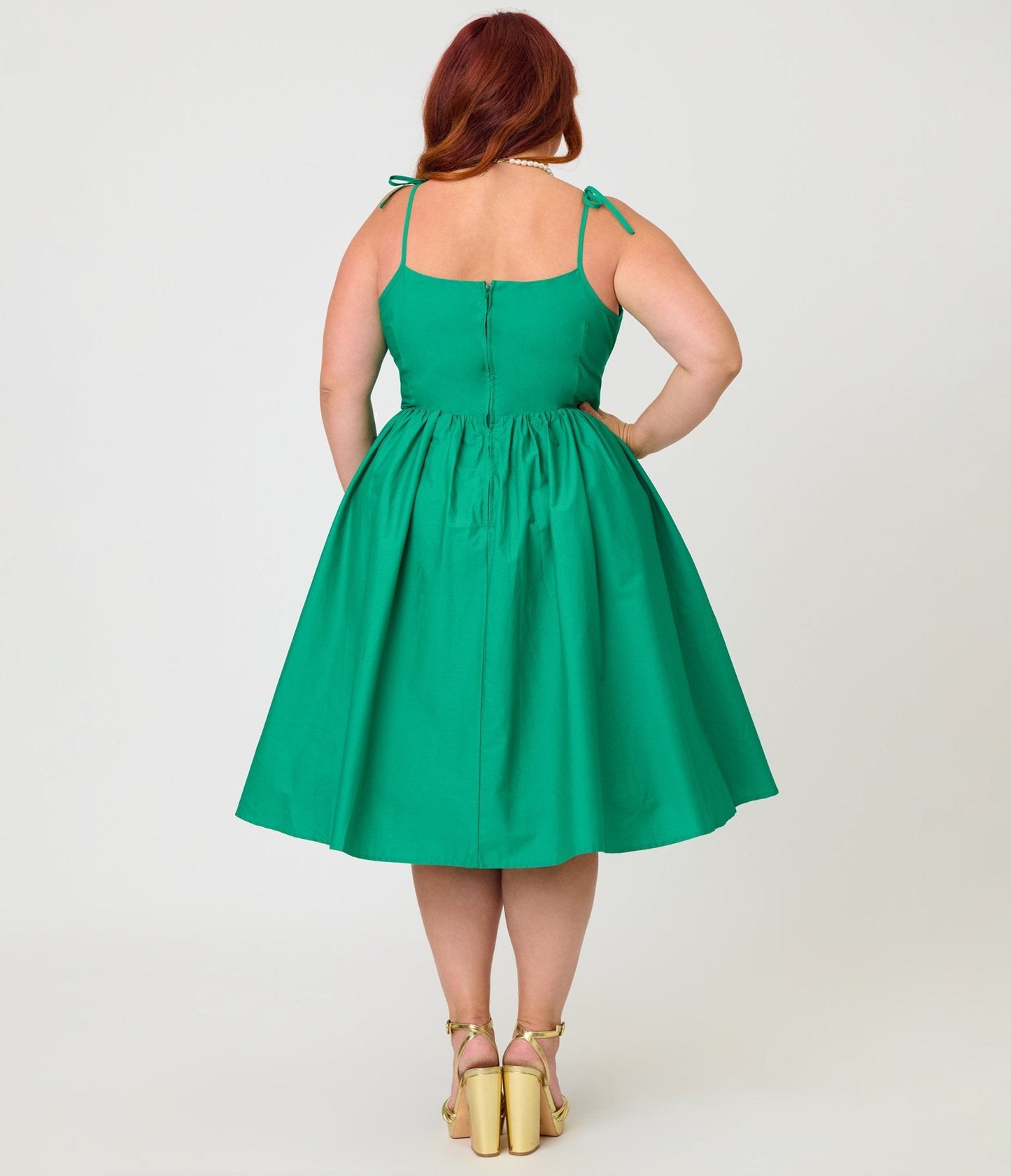 Unique Vintage Plus Size Green Sleeveless Cotton Swing Dress