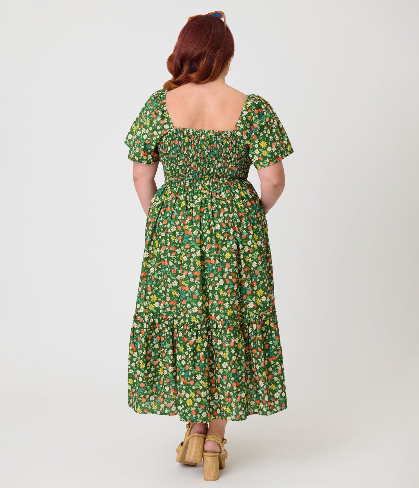 Unique Vintage Plus Size Green & Strawberry Print Smocked Bodice Midi Dress