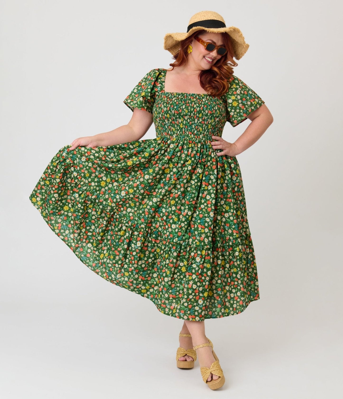 Unique Vintage Plus Size Green & Strawberry Print Smocked Bodice Midi Dress