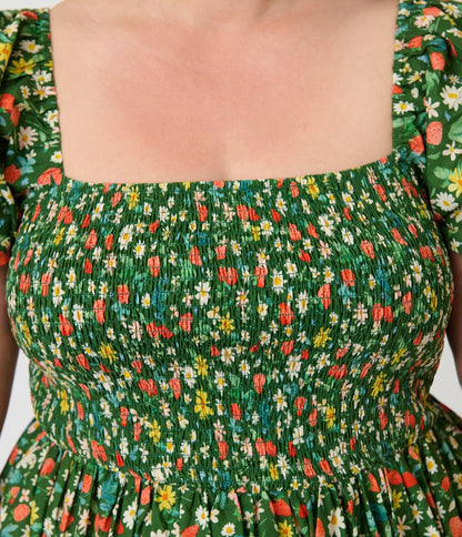 Unique Vintage Plus Size Green & Strawberry Print Smocked Bodice Midi Dress