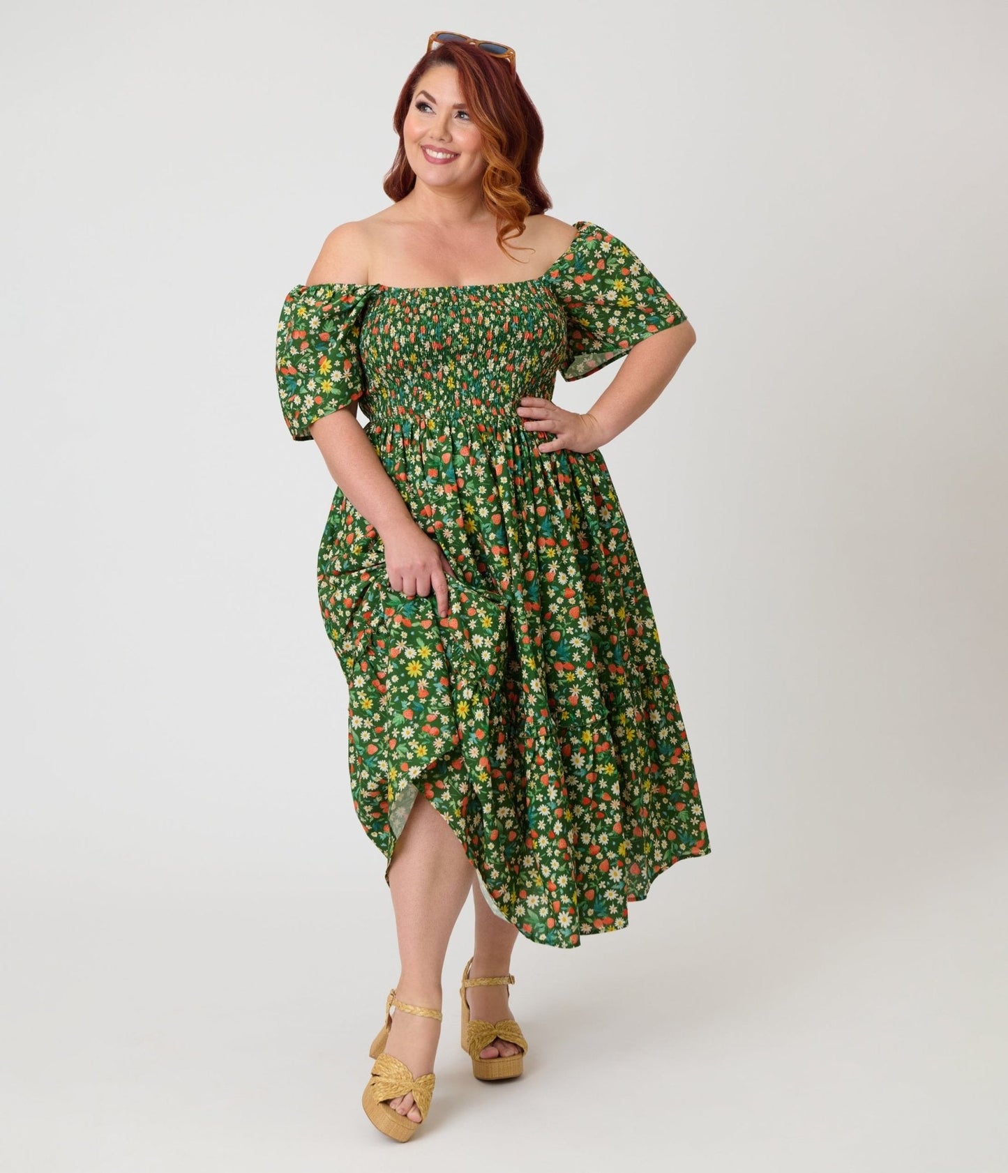 Unique Vintage Plus Size Green & Strawberry Print Smocked Bodice Midi Dress